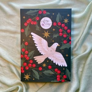 Custom Living Lotus vegan chocolate advent calendar, eco-friendly and biodegradable, featuring assorted bean-to-bar chocolates for the holiday