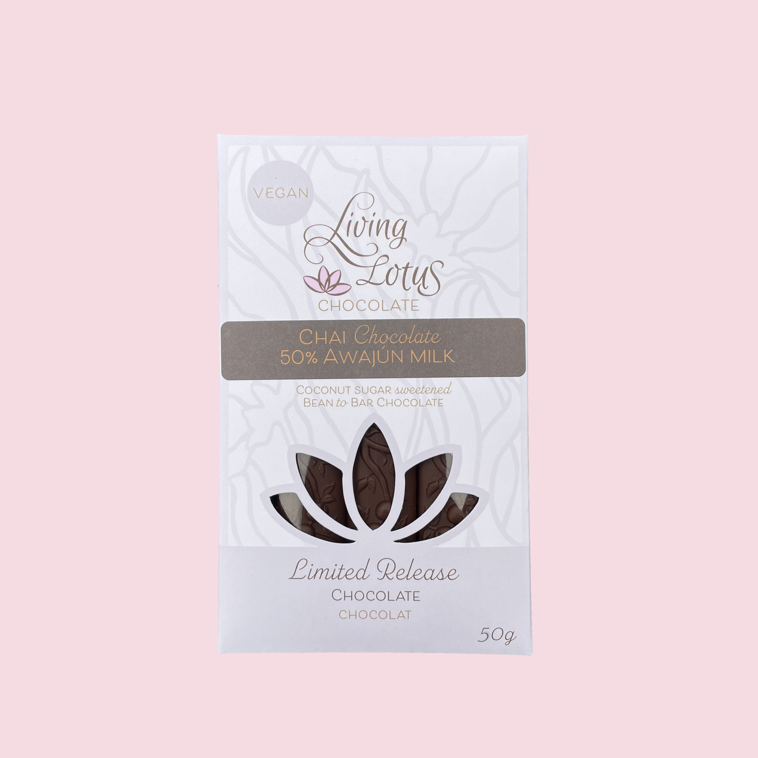 Chai milk chocolate bar made with cacao, oats, coconut sugar and warming chai spices including cardamom, ginger, cinnamon and black pepper.
