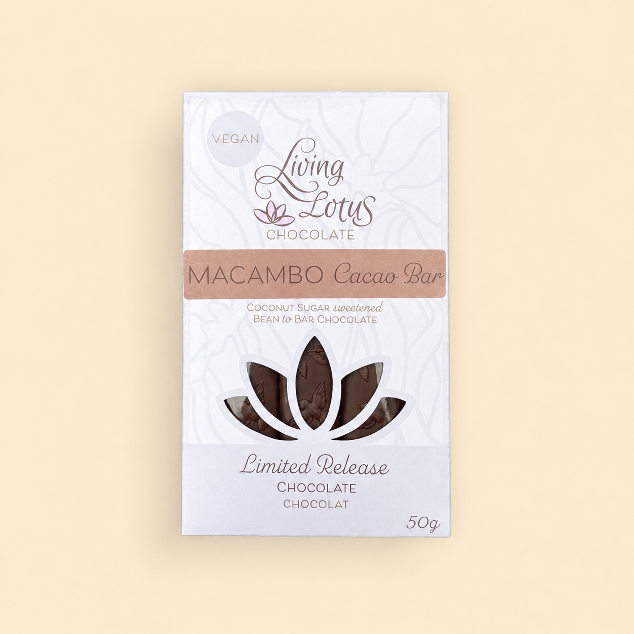 Cacao Macambo Bar made with cacao and roasted macambo seeds, a rich and nutty vegan chocolate bar from Living Lotus Chocolate.