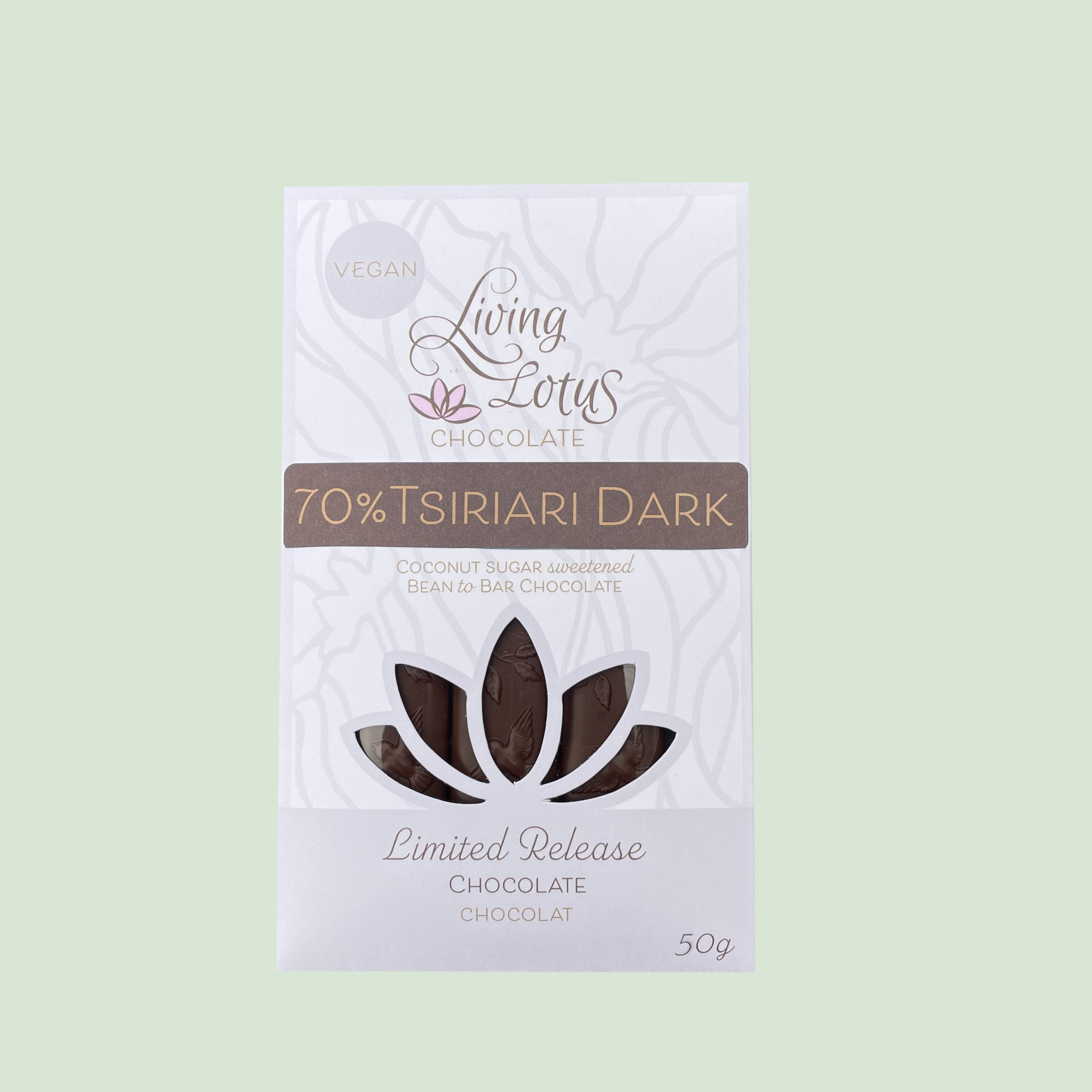 70% Tsiriari dark chocolate bar made with single-origin Peruvian cacao from Junín, handcrafted by Living Lotus Chocolate in Vancouver.